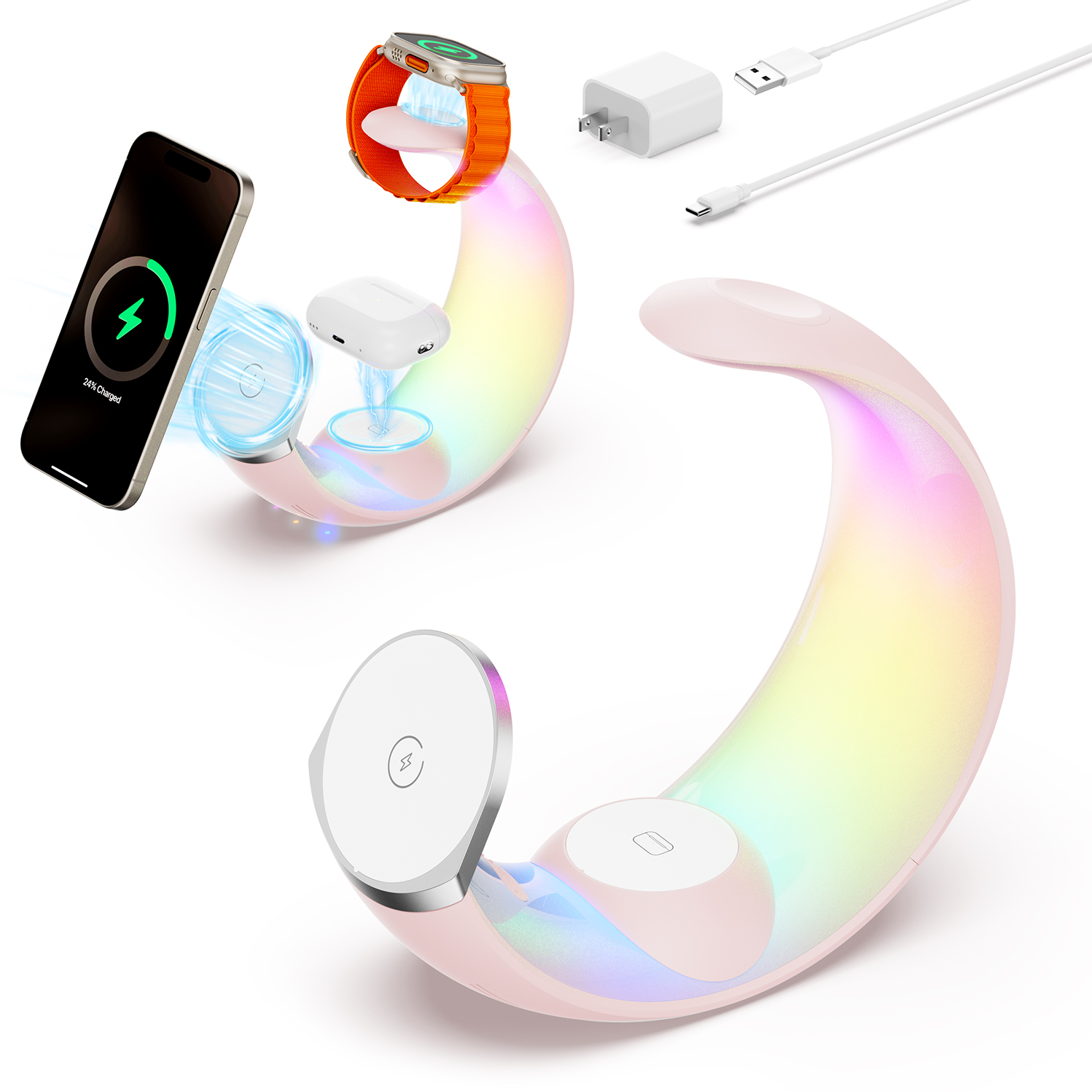 Support de chargeur sans fil magnétique 4 en 1 croissant pour plusieurs appareils sans prise - Photo 10 sur 12