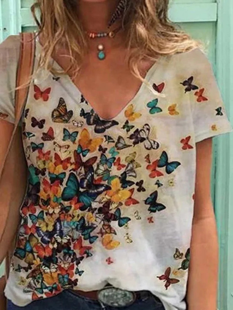 Butterfly Print V Neck Short Sleeved Ladies T Shirt Top White - Shop at LoveMi