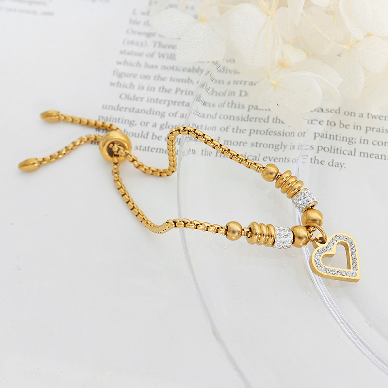 Exaggerated Hip Hop Hollowed Out Peach Heart Studded Full Drill Chain Titanium Steel Bracelet