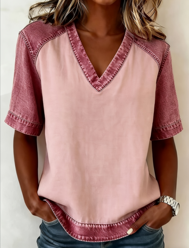 Color-blocked V-neck Raglan Sleeve T-shirt For Women, Loose Fit, Casual And Versatile Short Sleeve.