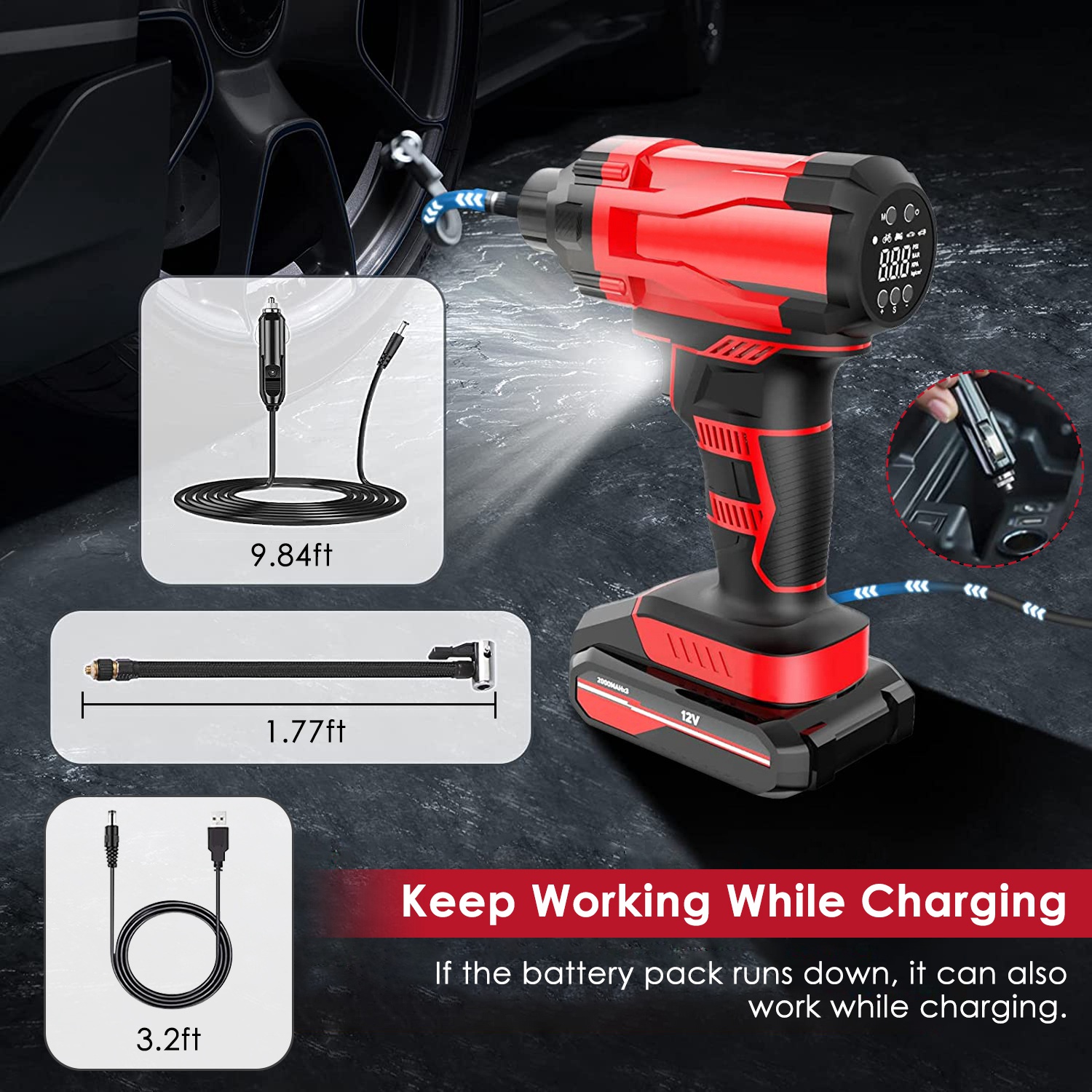 1Pc 150PSI Cordless Car Tire Inflator Rechargeable  2V Portable Electric Air Compressor With LED Light For Car Bike Motorcycle Ball — foto 5