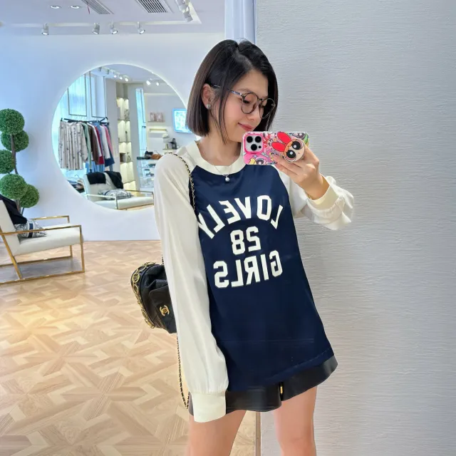 Women's Fashionable Chest Letter Long Sleeve T shirt In Contrast Color Sweater Navy Blue - Shop at LoveMi