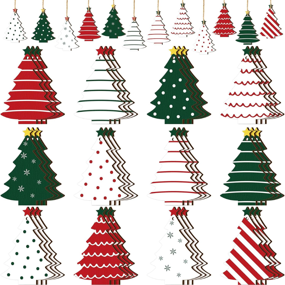 36Pcs Rustic Wooden Christmas Ornaments, Red Green White Farmhouse Decor