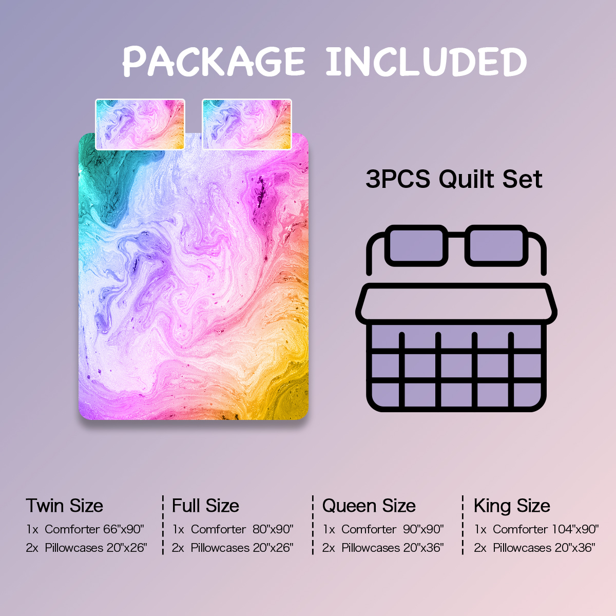 Pastel Quilt Set Microfiber Soft Lightweight Rainbow Marble Bedding Set, 1 Quilt With 2 Pillowcases