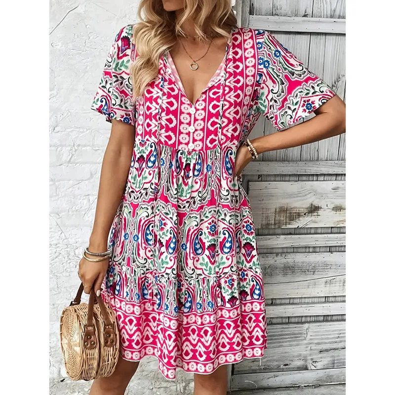 Women Casual Summer Dress Boho Drawstring V Neck Short Sleeve Floral Print Flowy Beach Dress - Red
