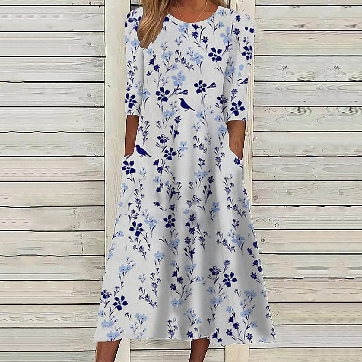 Casual And Fashionable Printed Short Sleeved Dress Blue Flower - Shop at LoveMi
