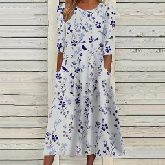 Casual And Fashionable Printed Short Sleeved Dress - Blue Flower - View 1