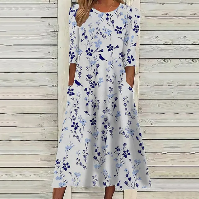 Casual And Fashionable Printed Short Sleeved Dress Blue Flower - Shop at LoveMi