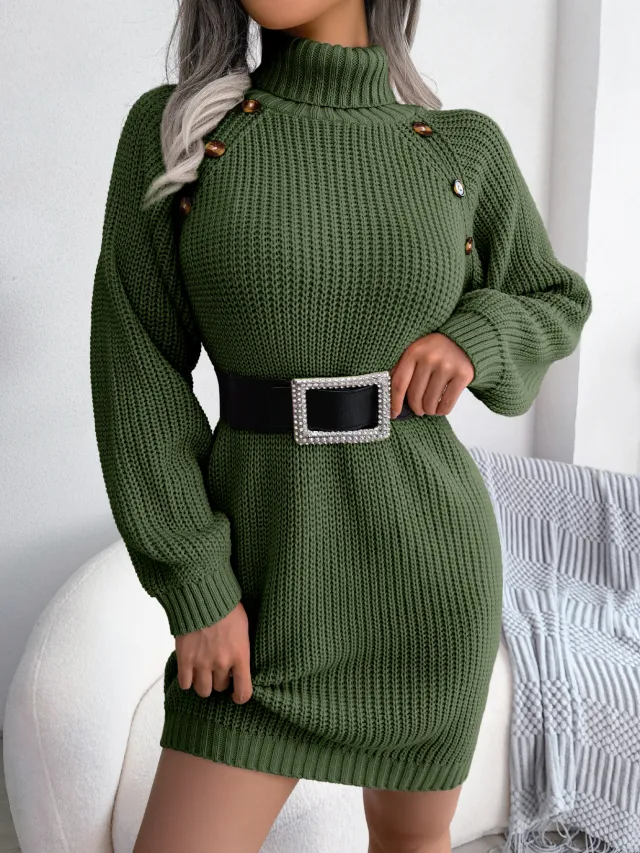 Casual Buttoned High Neck Long Sleeve Sweater Dress Green - Shop at LoveMi