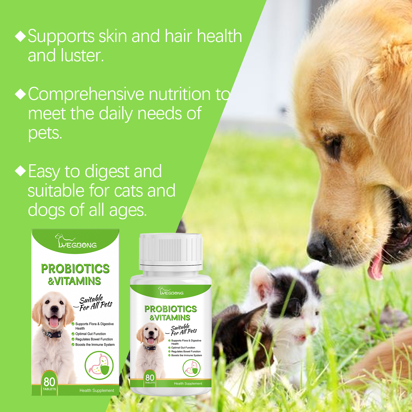 Pet Probiotics & Vitamin Tablets For Dogs & Cats, Gut Health Supplement, Support Digestion & Immune System, 80 Chewable Tablets — foto 6