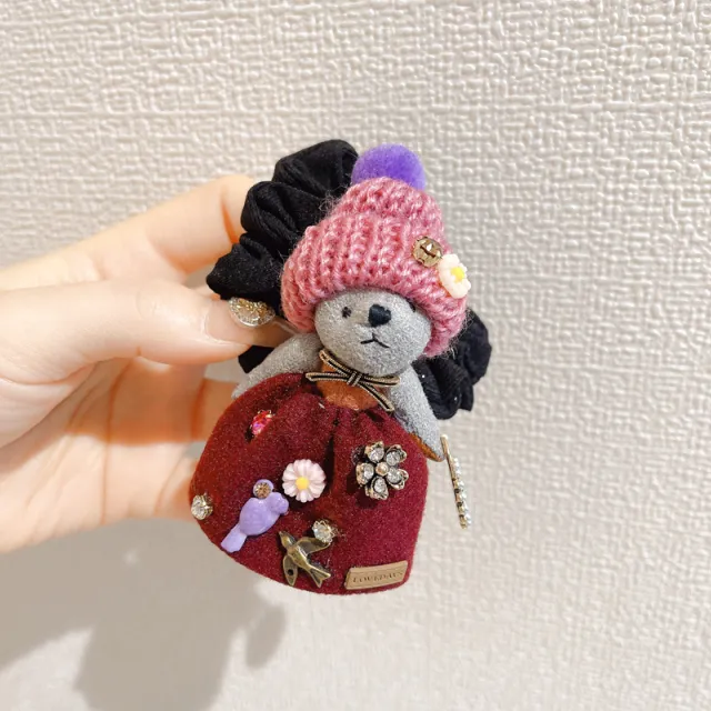 Girl Heart Cute Bear Plush Rhinestone Rubber Band Hair Ring Wine Red - Shop at LoveMi
