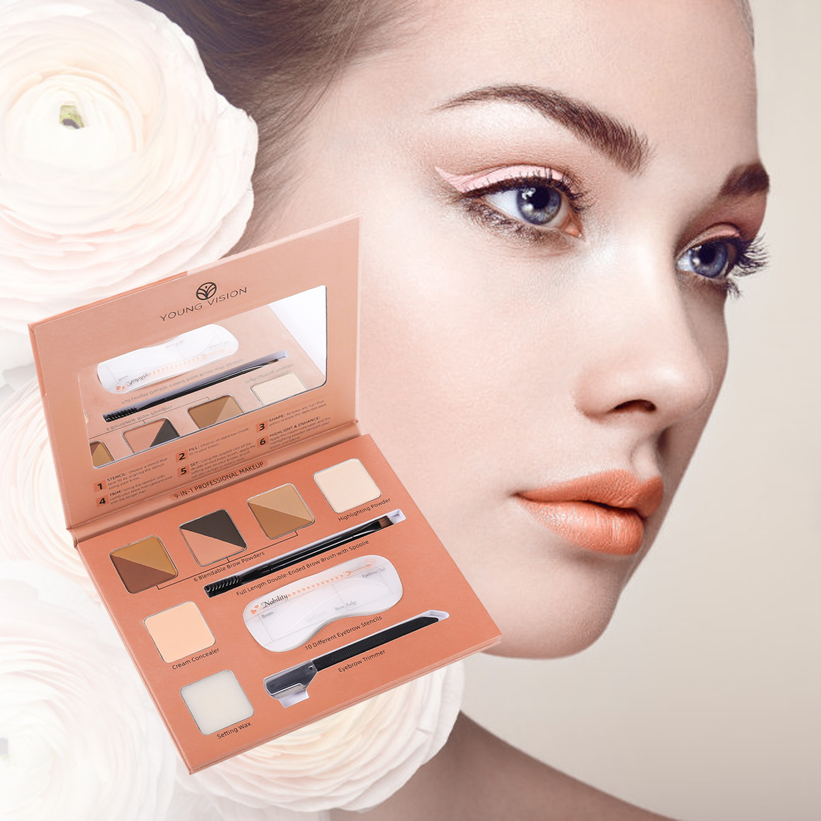 Set Pennello Trucco Peonia Sakura Makeup, 9 in 1, evidenziatore per occhi, contorni, illuminatore per occhi, troncatore per occhi, kit trucco, pennello