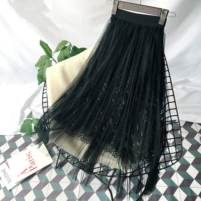 Floral Embroidery A Line Skirt Lace Mesh Skirt Black - Shop at LoveMi