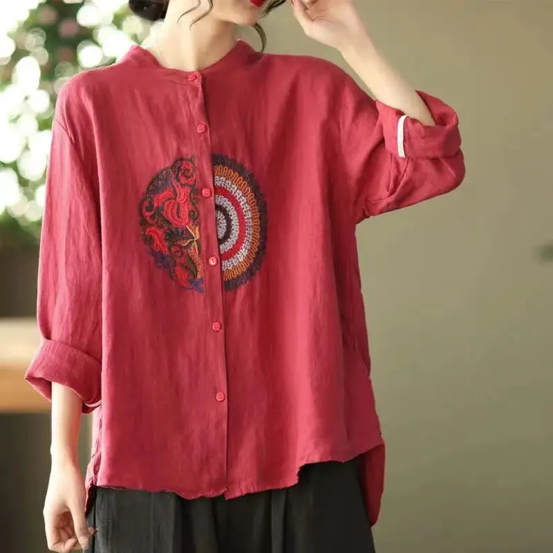 Casual Large Size Literary Cotton Hemp Long Sleeve T-shirt