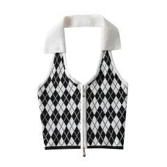 American Vintage Polo Neck Knitted Plaid Vest - White - View 1