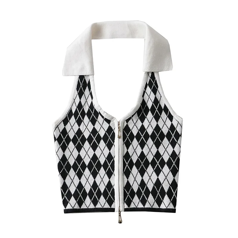 American Vintage Polo Neck Knitted Plaid Vest - Black White Grid
