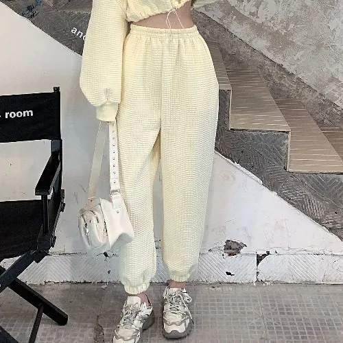 New Hyuna Style Long Sleeve Crop Sweatshirt Top High Waist Pants Apricot Pants - Shop at LoveMi