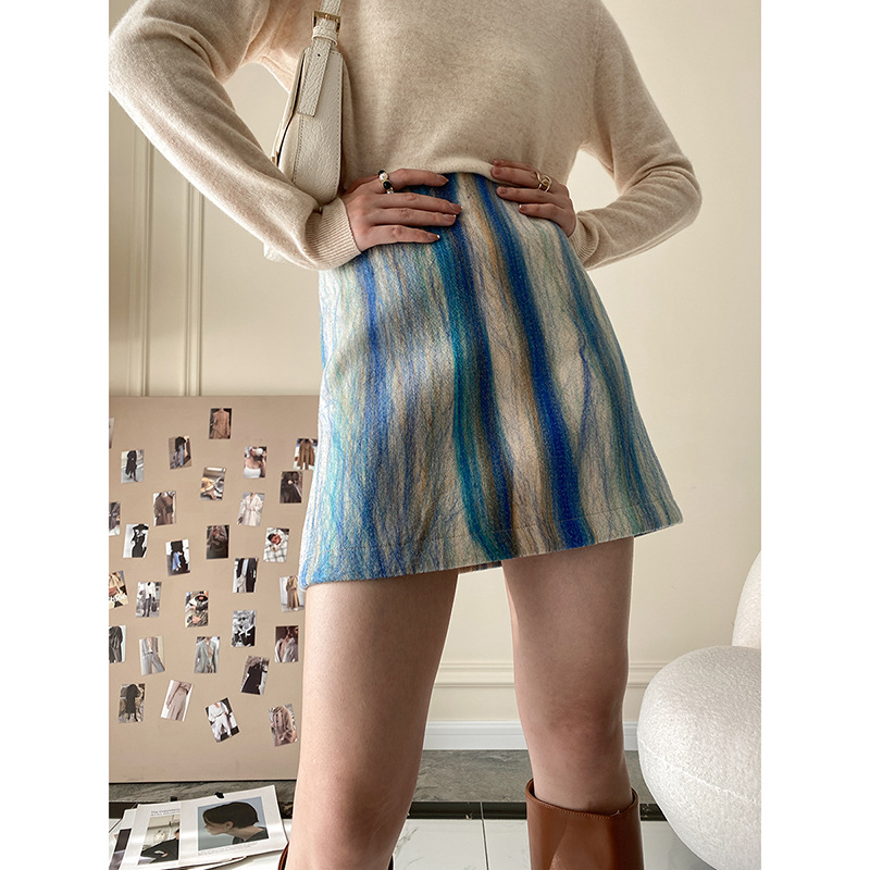 Artistic Water Mist Blue Woolen A-line Skirt Female Small