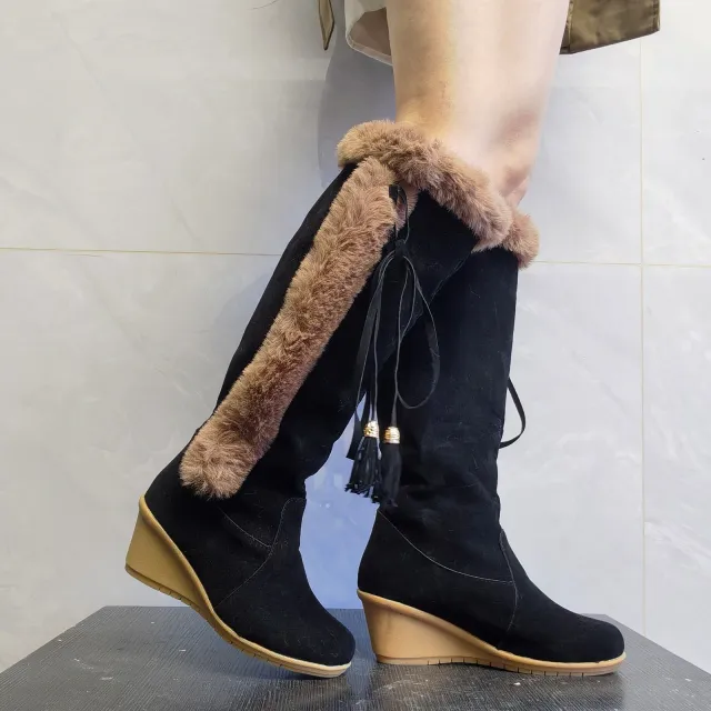 Winter Plush Long Boots For Women Combat Boots Wedges Shoes Black - Shop at LoveMi