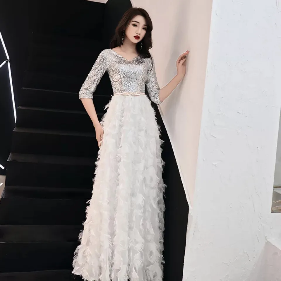 Evening Dress Female White Suspenders Birthday Party - White Sequins