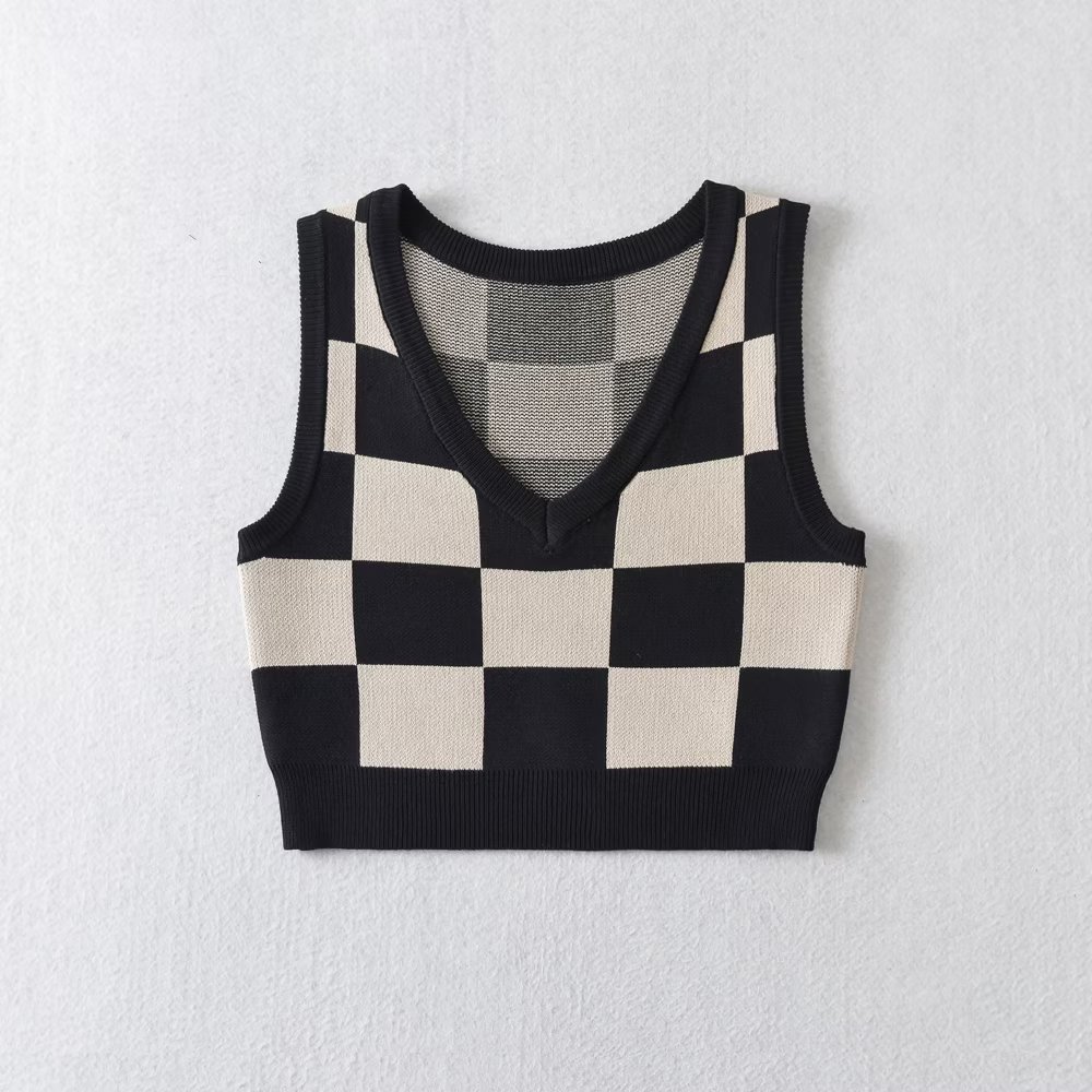 Spring New Two color Plaid Knitted Vest V Neck Short Top K7 M194A Apricot - Shop at LoveMi