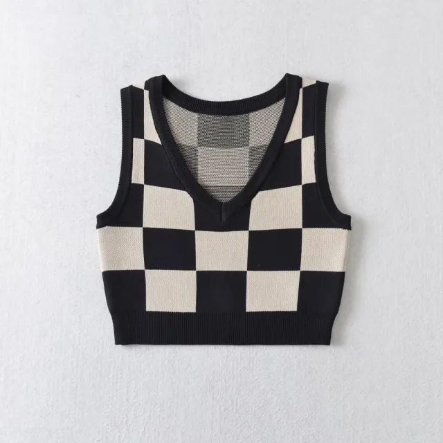 Spring New Two color Plaid Knitted Vest V Neck Short Top K7 M194A Apricot - Shop at LoveMi
