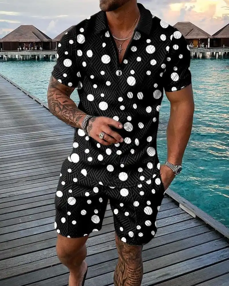 Men's Summer Fashion 3D Printed Short Sleeve Geometric Zip Lapel Shirt Set