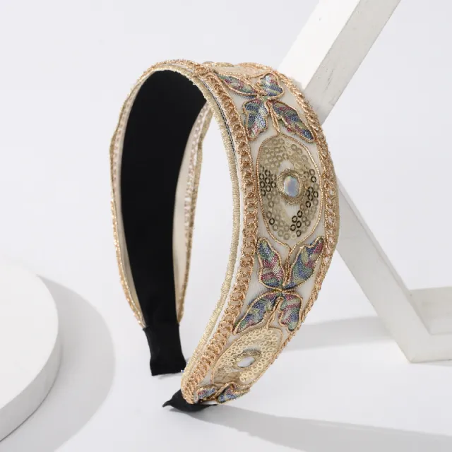 Vintage Butterfly Sequins Hair Band Wide Edge Wild Flowers Flat Hair Hoop - Shop at LoveMi