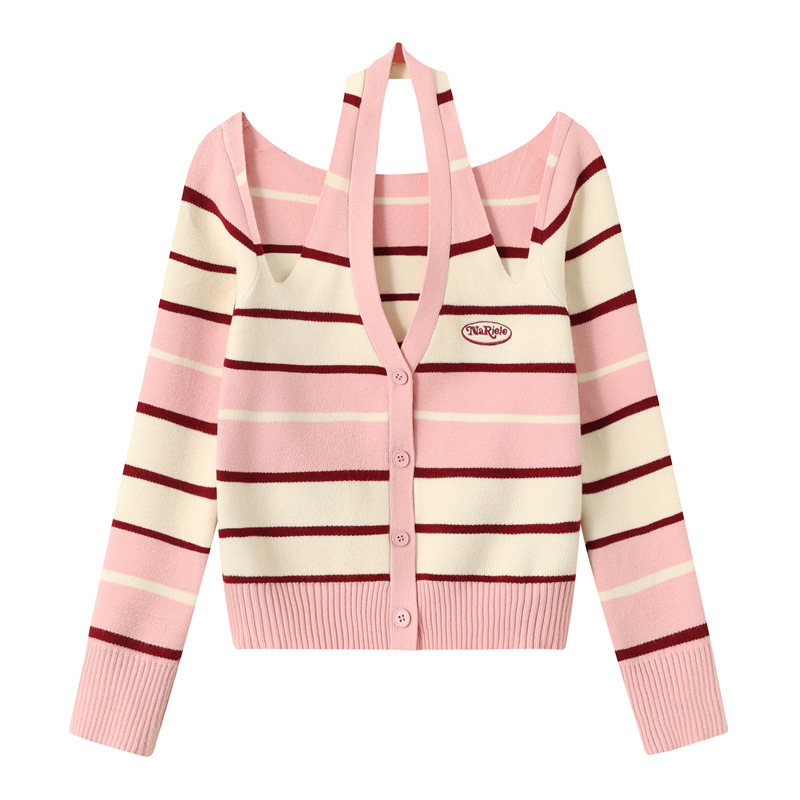 Sweet Halterneck Off-the-shoulder Striped Sweater - Image 3