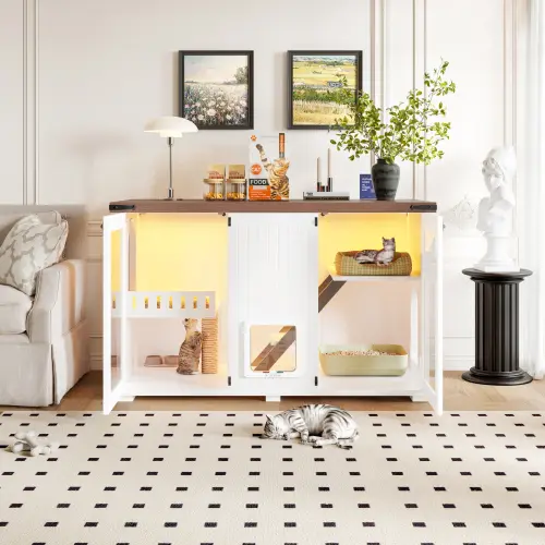 47.25 Large Cat Litter Box Enclosure With LED Light, Hidden Litter Box Furniture, Cat House With Stairs And Cat Scratching Post, Cat Cabinet Side Table With Sma