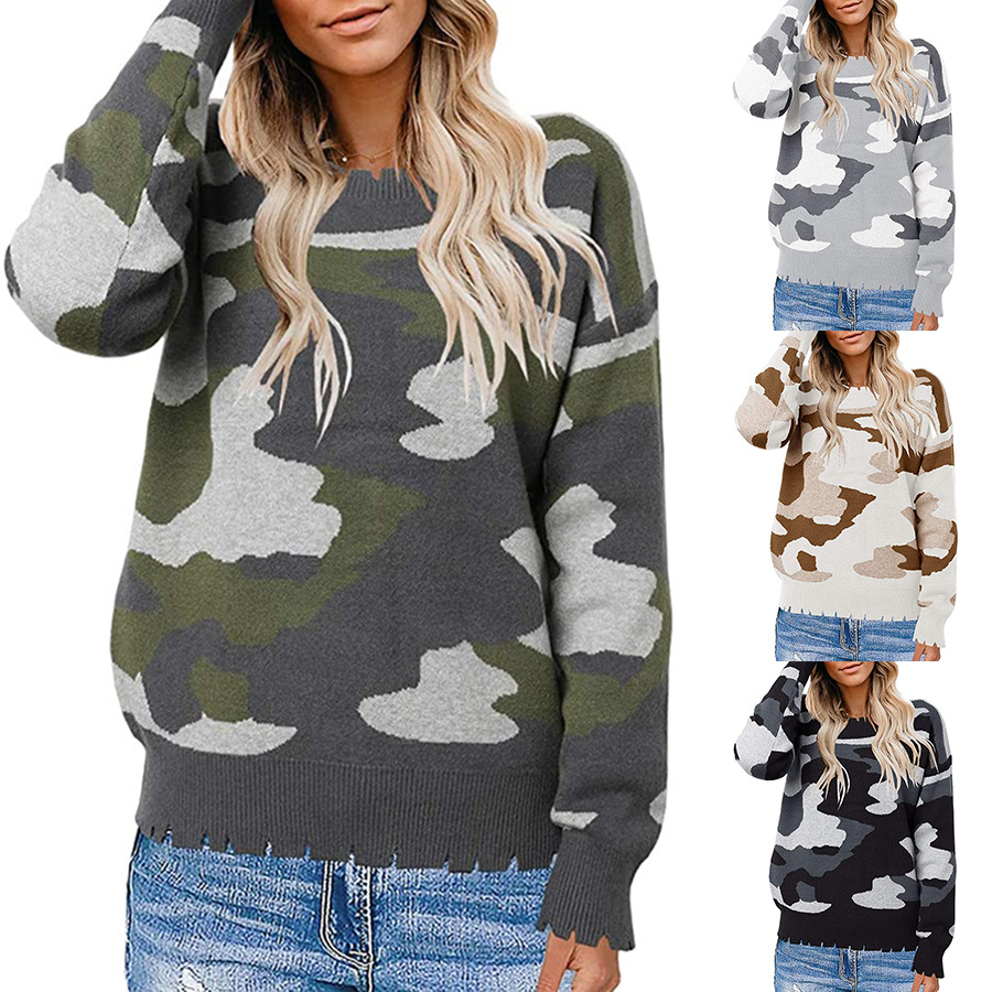 Women's Fashion Simple Cut And Tear Camouflage Sweater