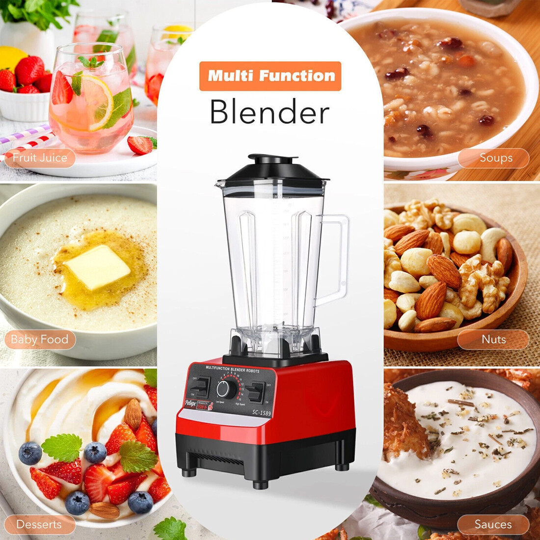 4500W Blender Food Processor Smoothie Juicer Ice Crusher 2 Jugs--Red — image 10
