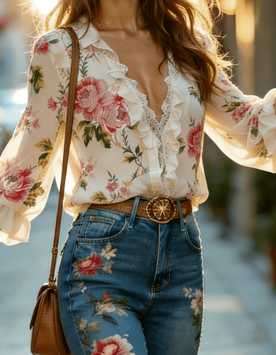 French Floral Ruffled V-Neck Chiffon Blouse with Cuffs