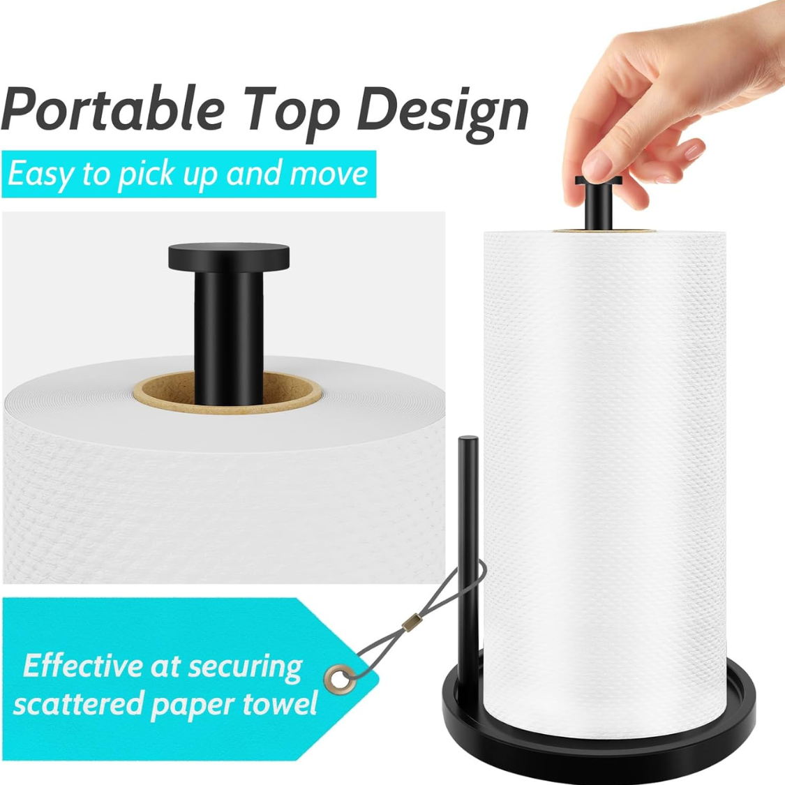 Paper Towel Holder Countertop, Standing Paper Roll Holder With Anti Slip Weighted Base, Stainless Steel Freestanding Paper Towel Holder For Kitchen, Black — foto 4