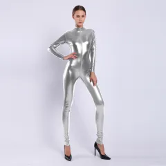 Women's Rubberized Faux Leather Shiny Bodysuit - Silver - View 1