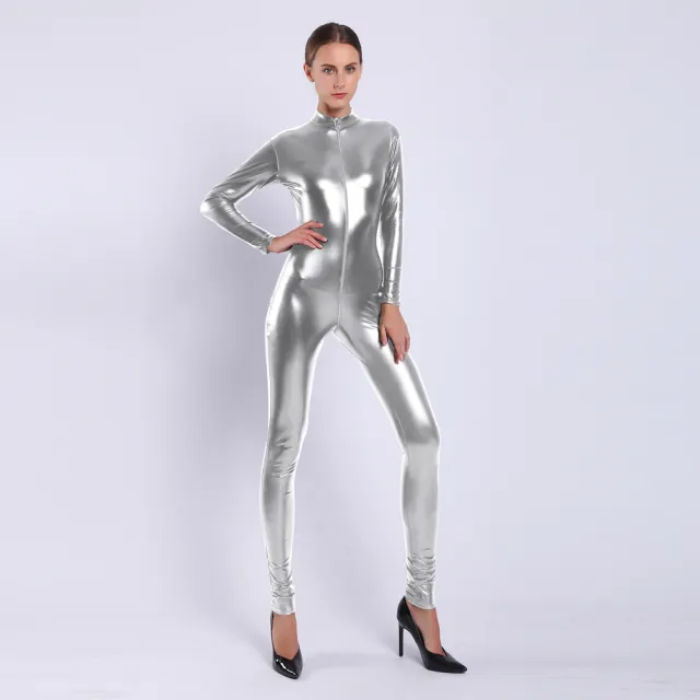 Women's Rubberized Faux Leather Shiny Bodysuit Silver - Shop at LoveMi