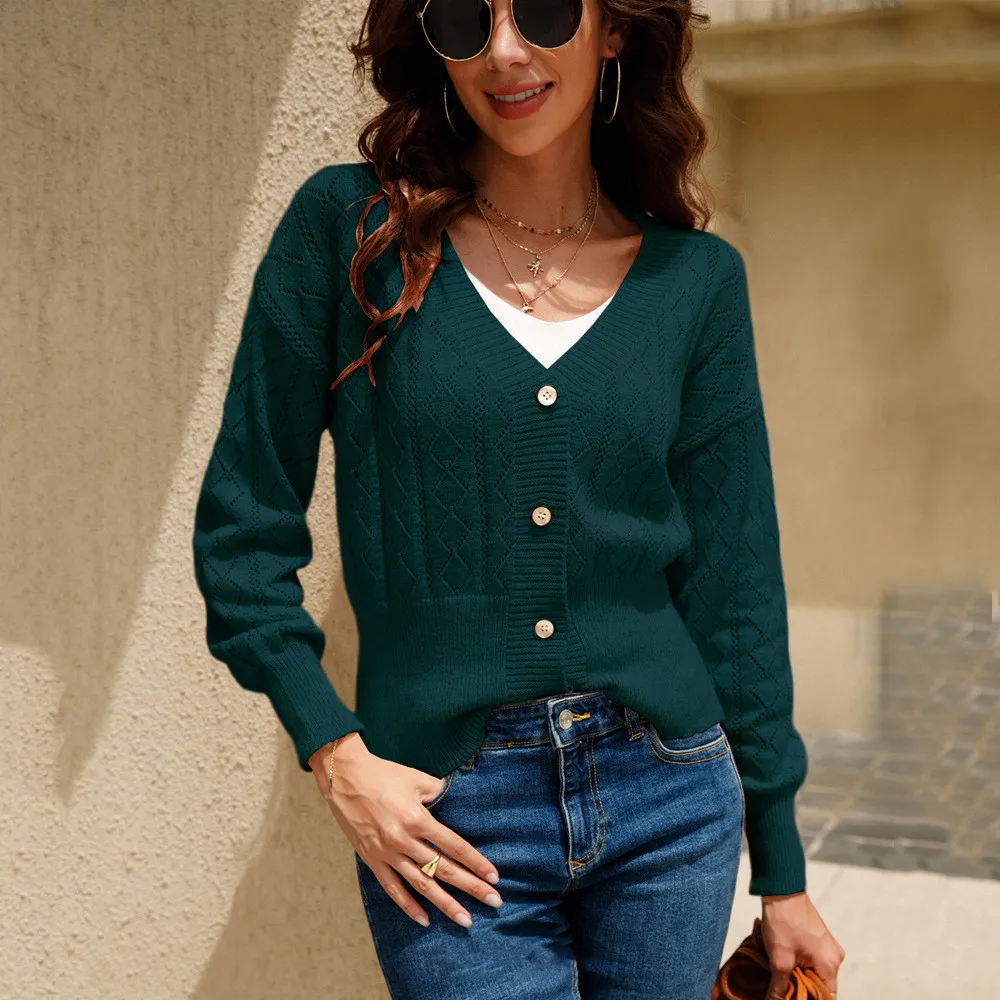 Women's All Match Button Short Hollow Cardigan - Green