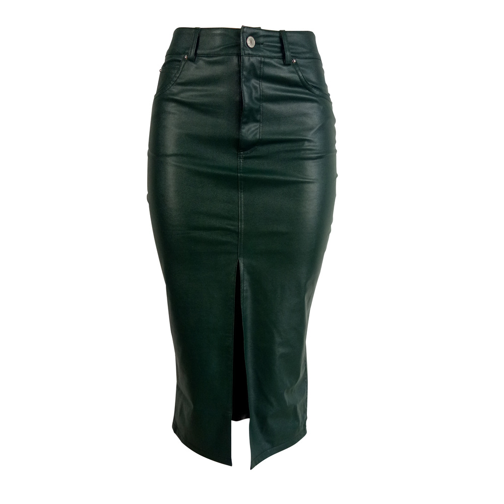 Ladies Slim Front Slit  Leather Skirt