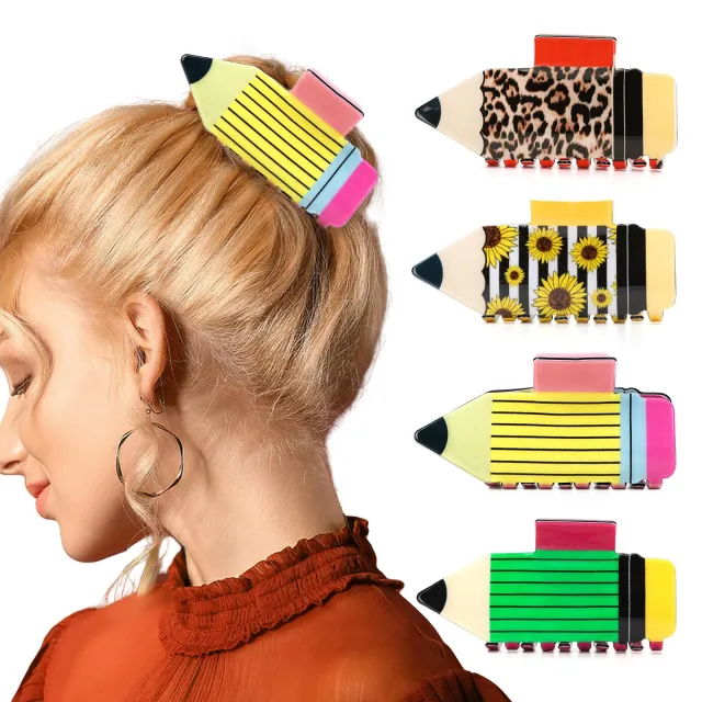 Pencil Hair Clips Back To School Hair Accessories For Women Sunflower Leopard Stripe Hair Claw Clips Non Slip Hairpin For Thick Thin Hair School Op... W13769296 - Shop at LoveMi