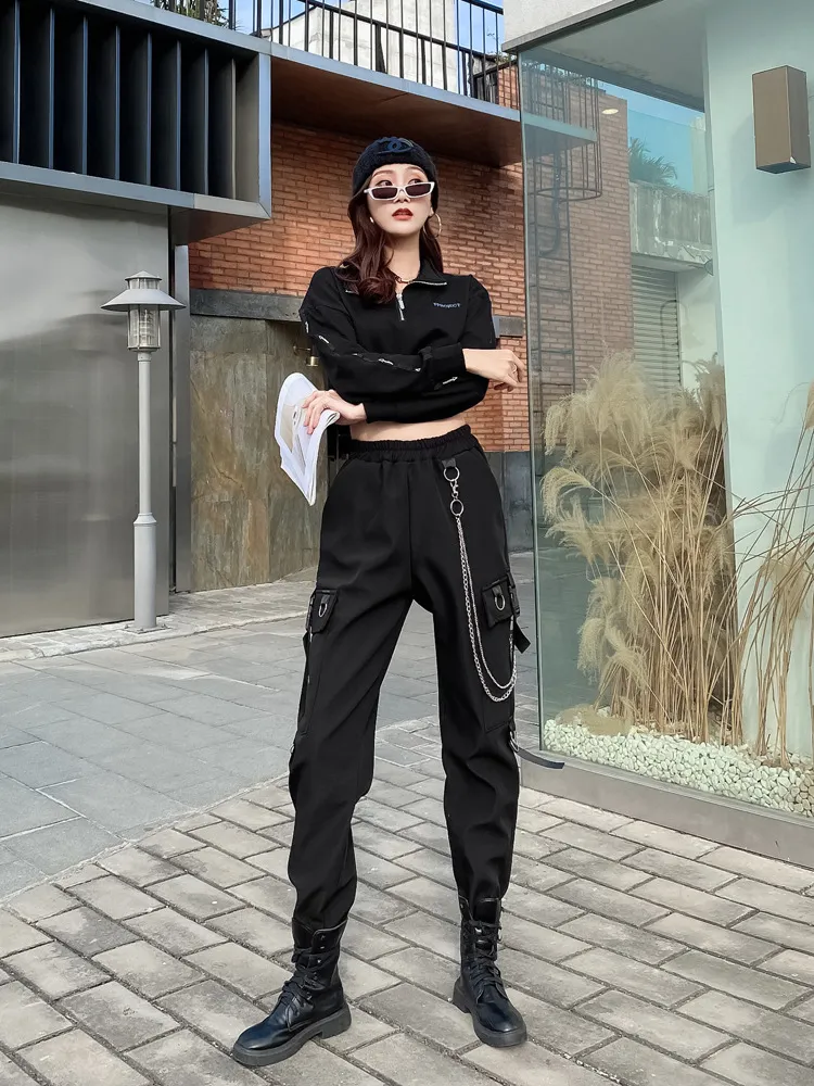 Women's European And American Streamer Casual Pocket Harlan Overalls - Black Sweater