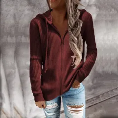 Women's Sweatshirt Loose Zip Long Sleeve Hooded Jacket - Red - View 1
