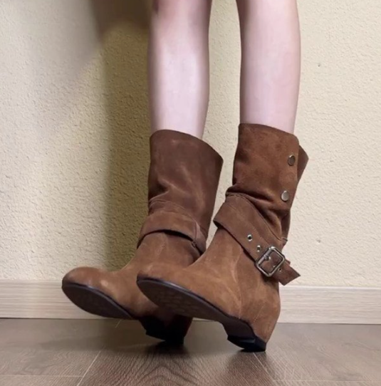 Women Soft Leather Martin Boots, Brown Mid Calf Western Boots, Invisible Height Increasing Ankle Boots, Suede Stretch Slim Boots, New Arrival For Autumn & Winter