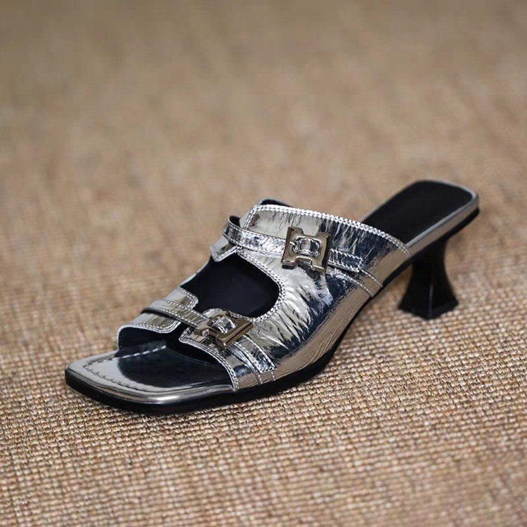 French Style Small Slope With Belt Buckle Half Slippers, Perfect For Matching Skirts, One Line Roman Sandals
