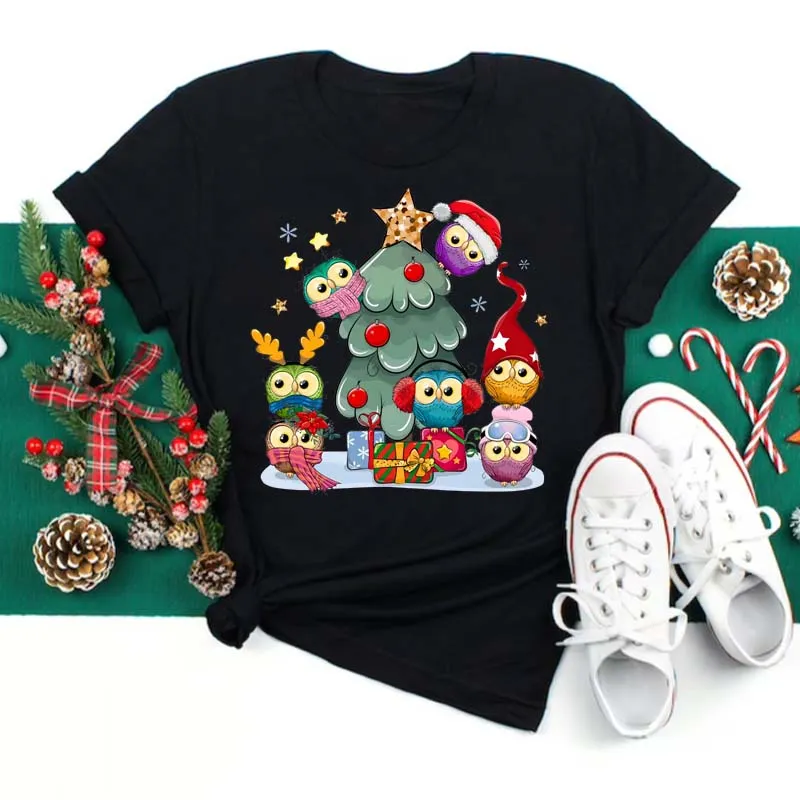 Christmas Penguin Owl Print Women's Black T-Shirt - Black