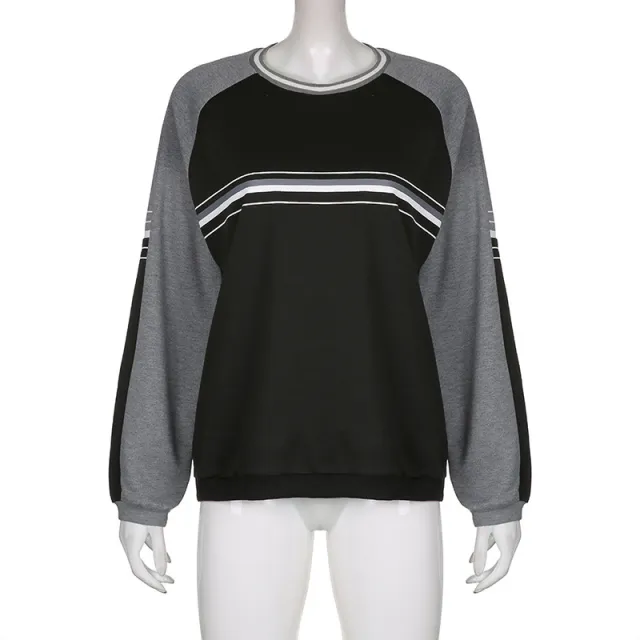 Women's Patchwork Long Sleeve Pullover Loose Round Neck T Shirt Top Grey - Shop at LoveMi