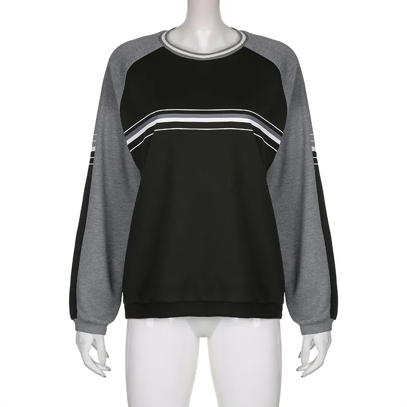 Women's Patchwork Long Sleeve Pullover Loose Round Neck T-Shirt Top - Grey