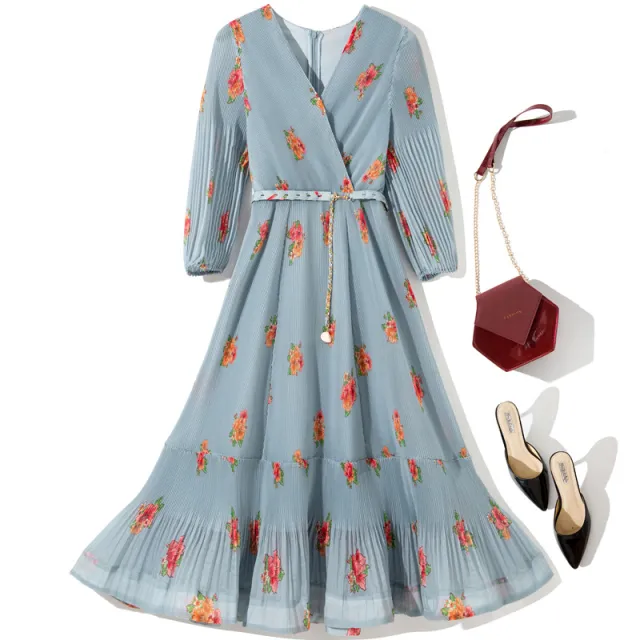 Printed Pleated Cropped Sleeves With Belt Dress Sky Blue - Shop at LoveMi