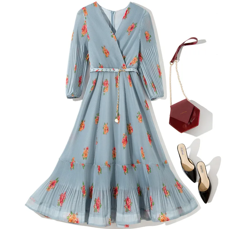 Printed Pleated Cropped Sleeves With Belt Dress - Blue