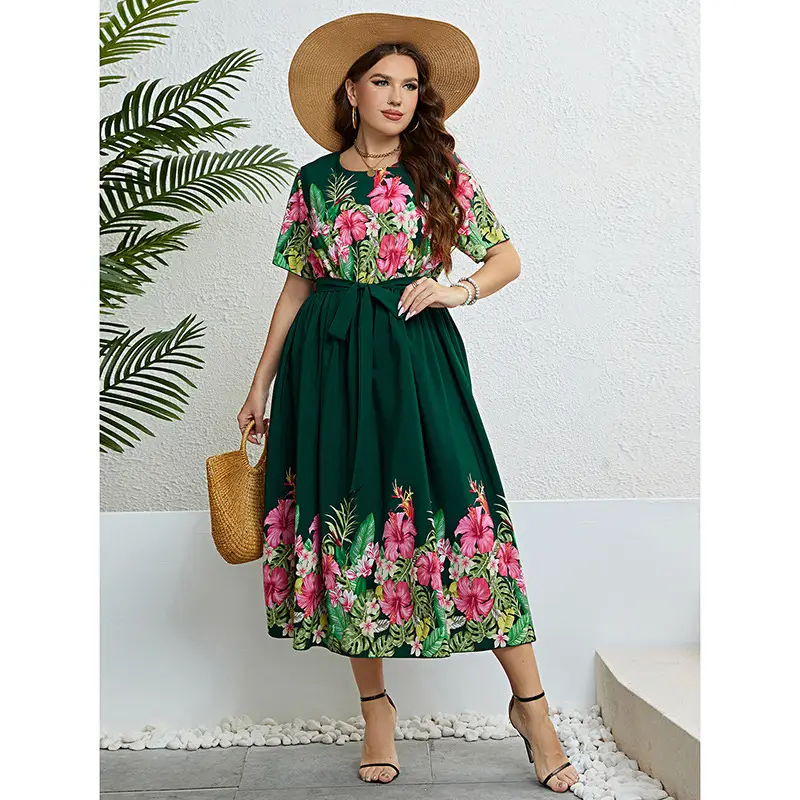 Summer Green Printing Lace-up Waist-controlled Dress For Women