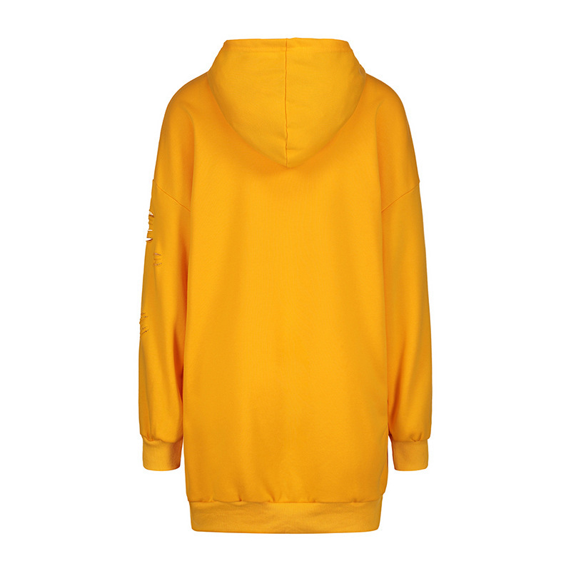 Long Sleeve Hollow Hole Pure Color Hooded Long Pullover Sweatshirt